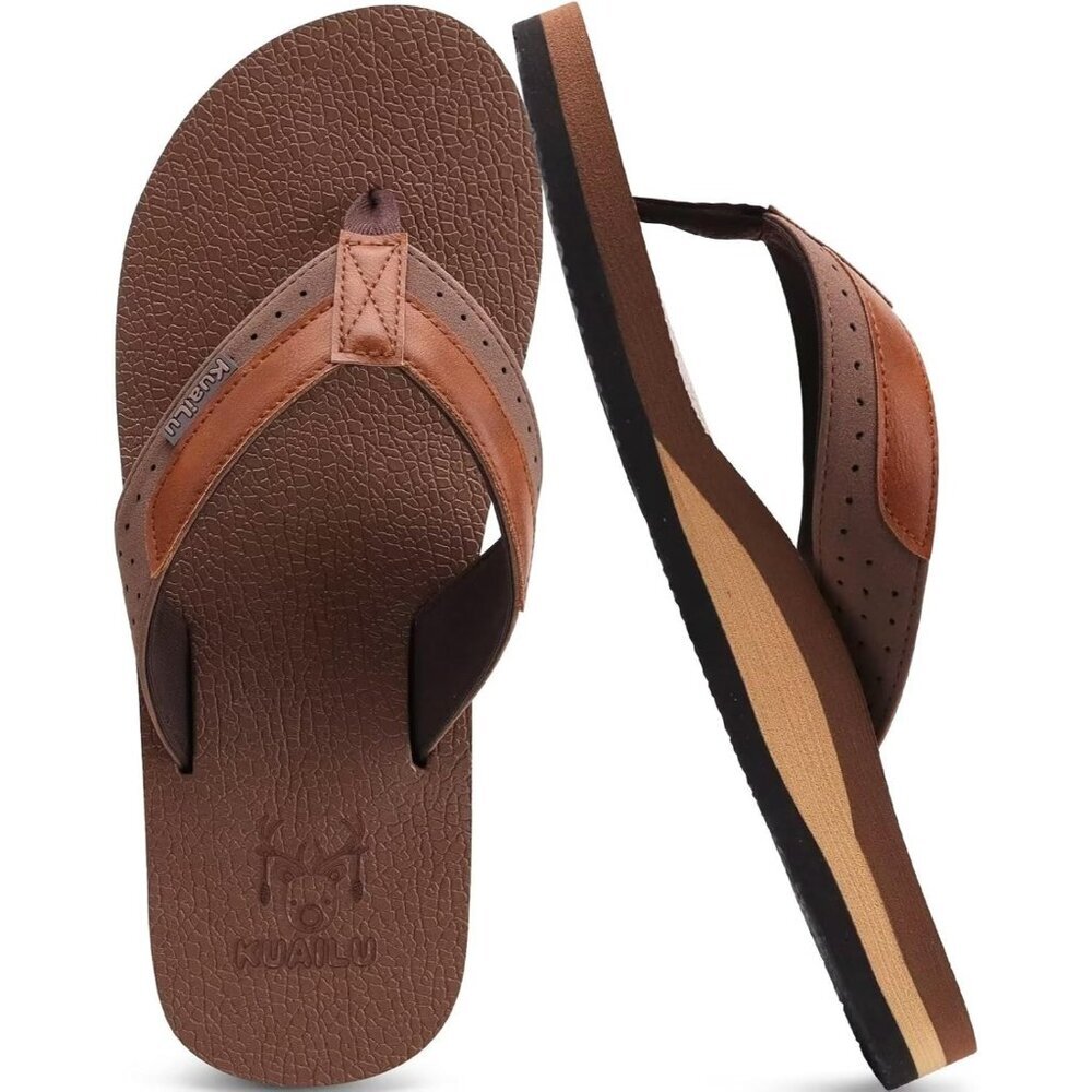 〽️Men's Flip Flop Sandal Brown White Leather Slip On Arch Support Comfort Shoes